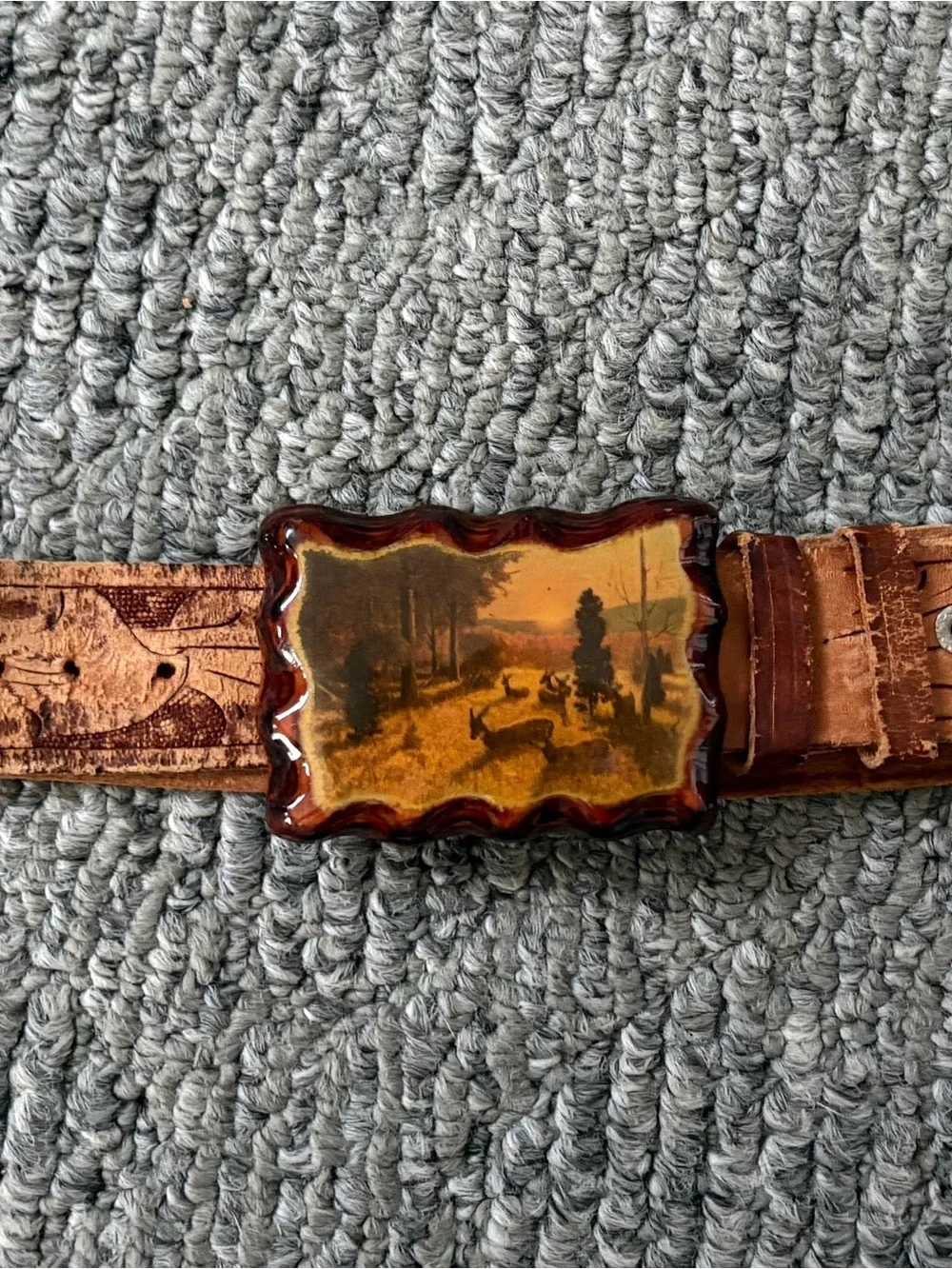 Vintage Tooled Leather Belt • Handmade Wood Resin Deer Buckle • Boho Western